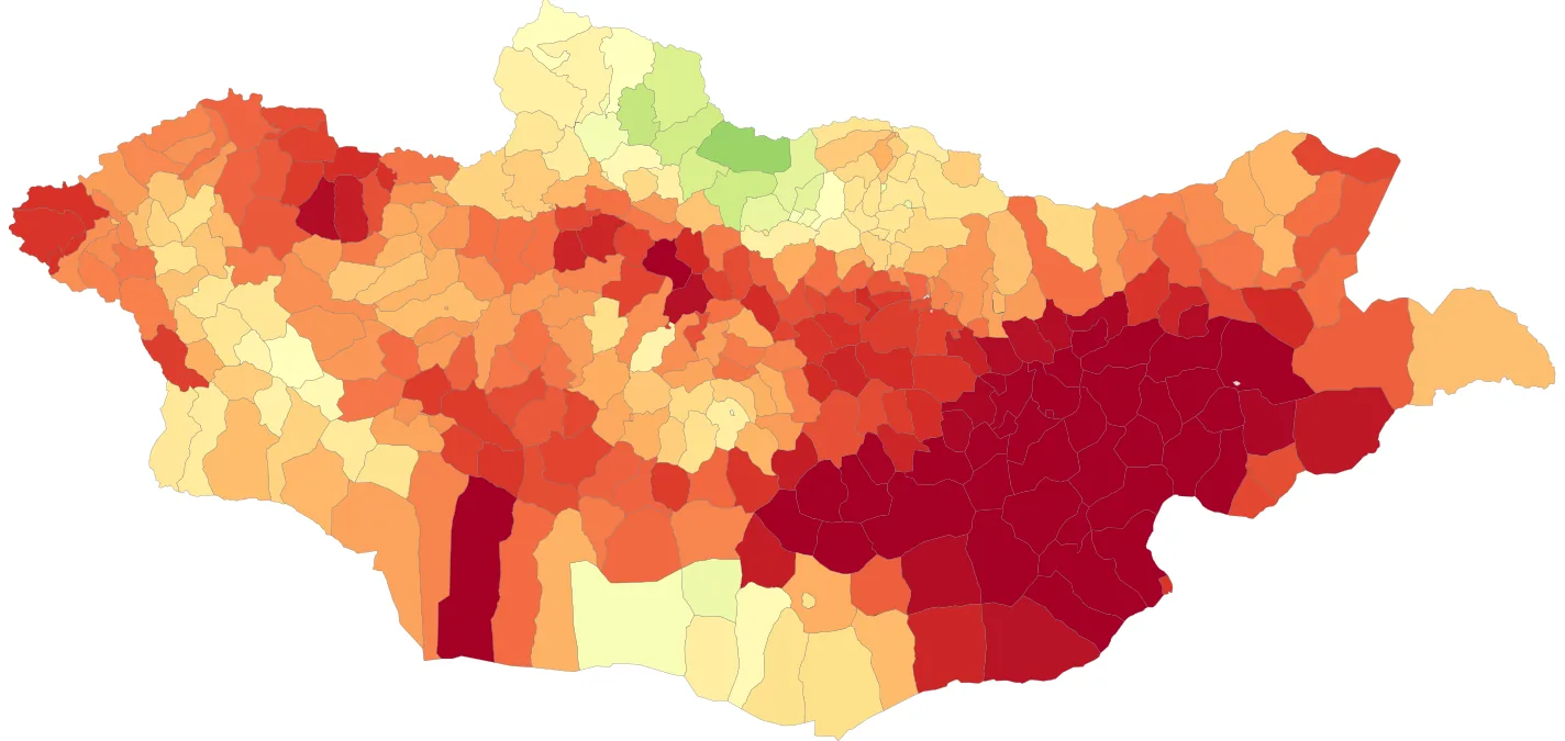 Choropleth map of Mongolia showing the dzud risk index by soum for the winter of 2023–24.